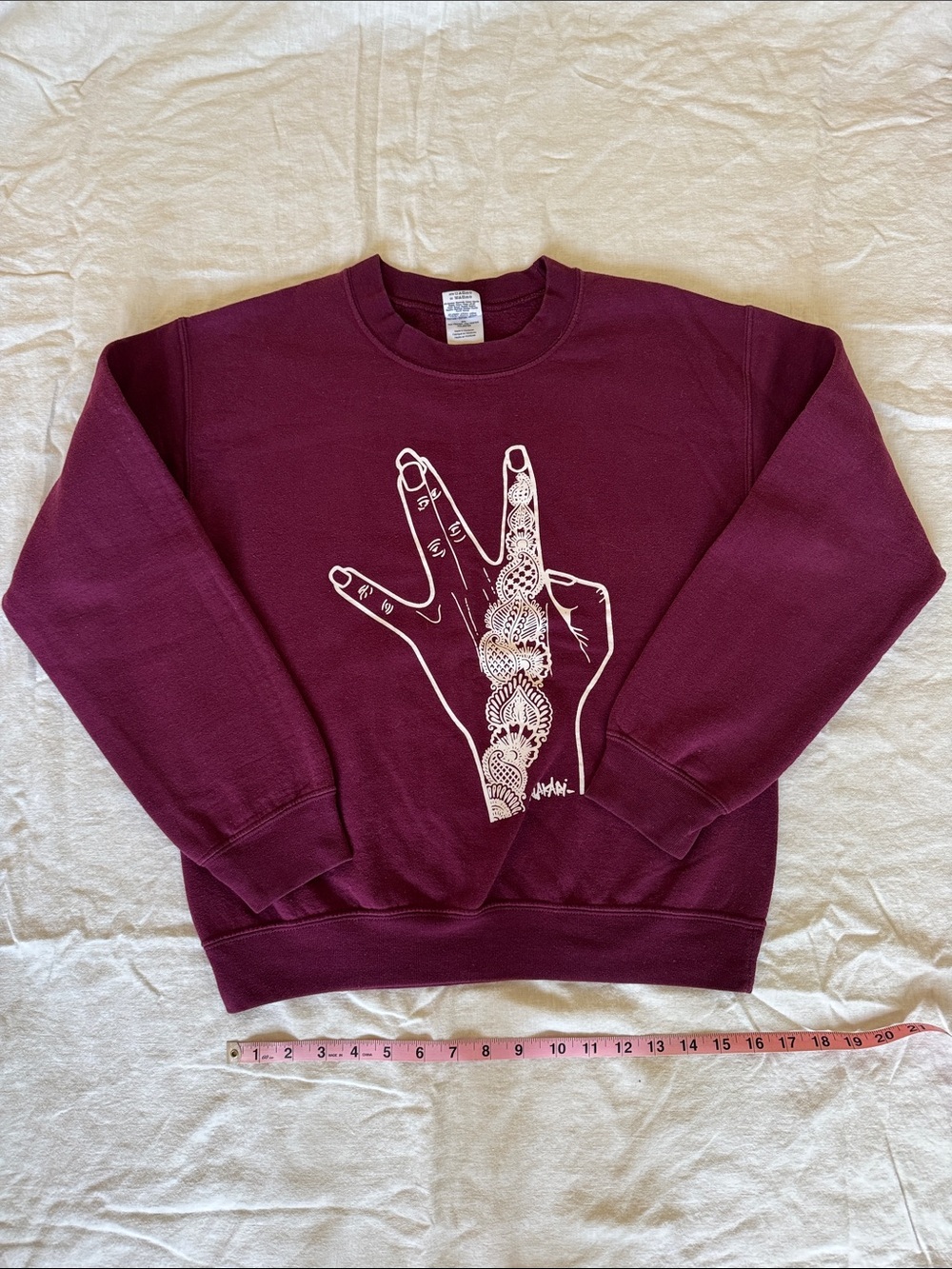 Maroon Crewneck Sweatshirt with White Henna Hand Graphic